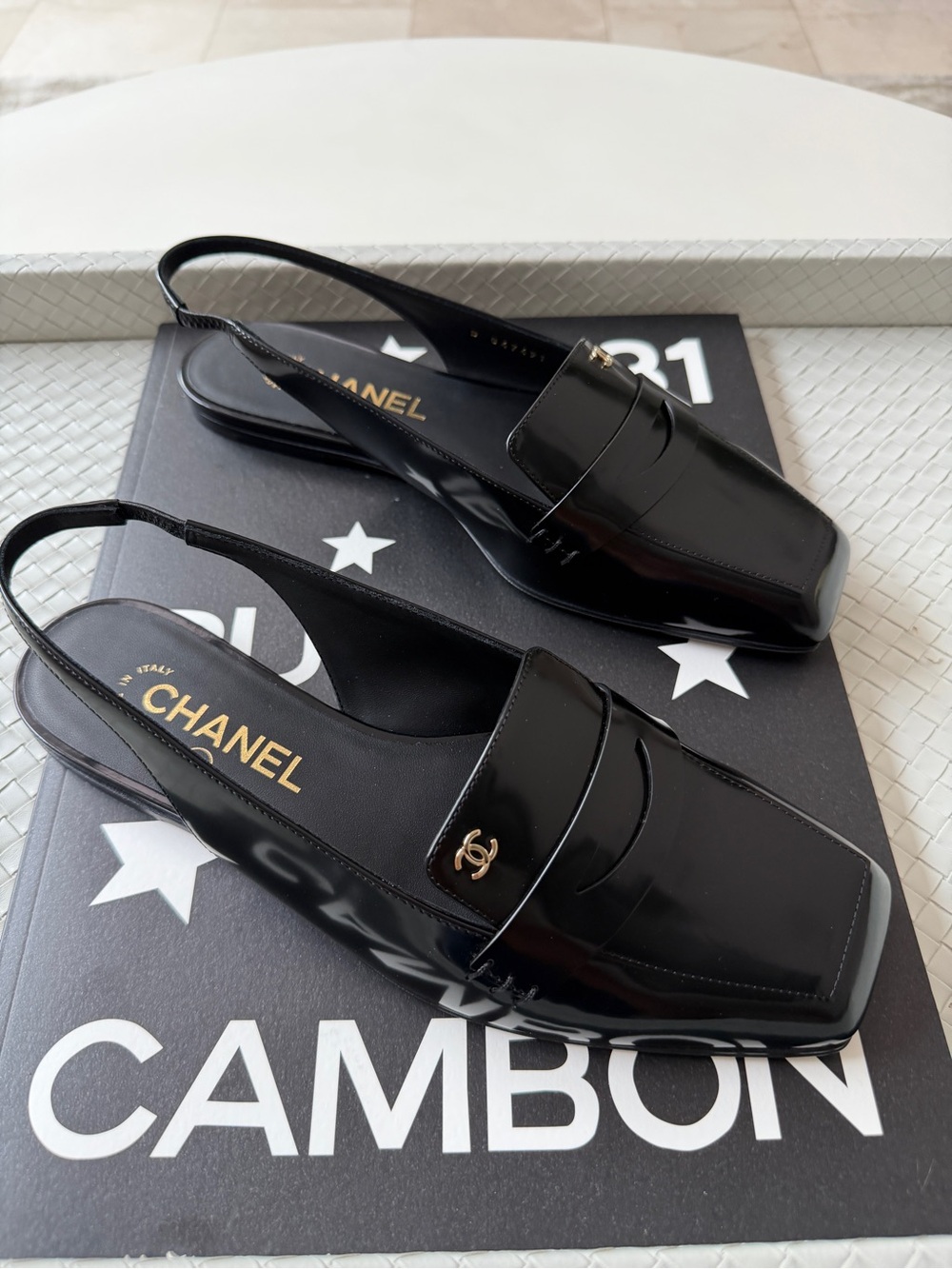 CHANEL F/W 2026 BLACK SHINY CALFSKIN LEATHER SLINGBACK LOAFERS FLATS BLAZY 37c